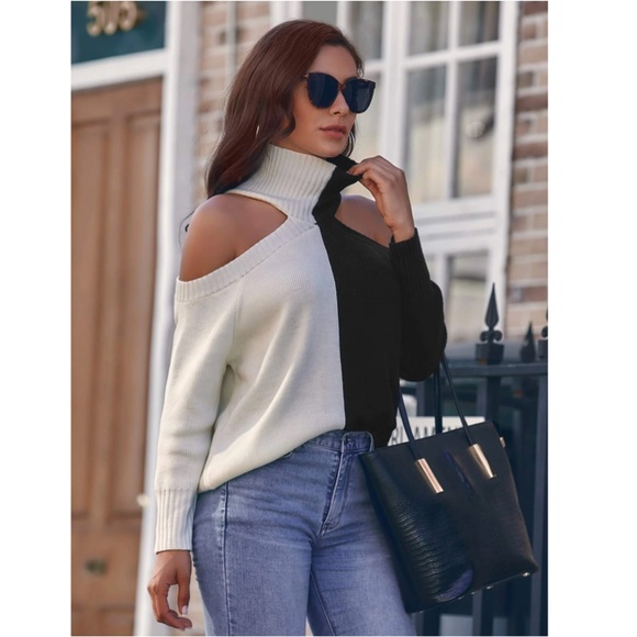 Cold Shoulder Colorblock Black and Off White Turtleneck Sweater - Picture 4 of 7
